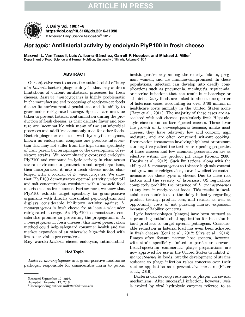 Hot topic: Antilisterial activity by endolysin PlyP100 in fresh cheese