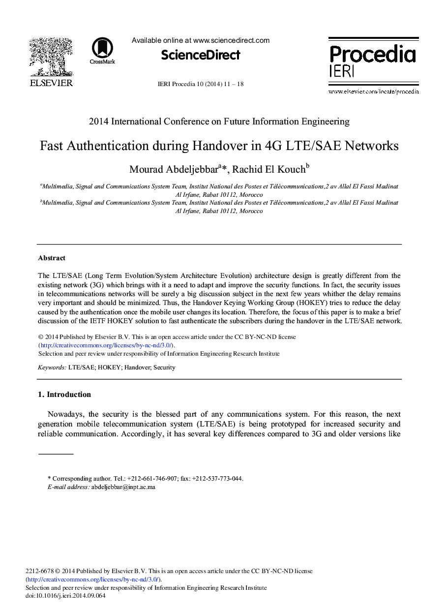 Fast Authentication during Handover in 4G LTE/SAE Networks 