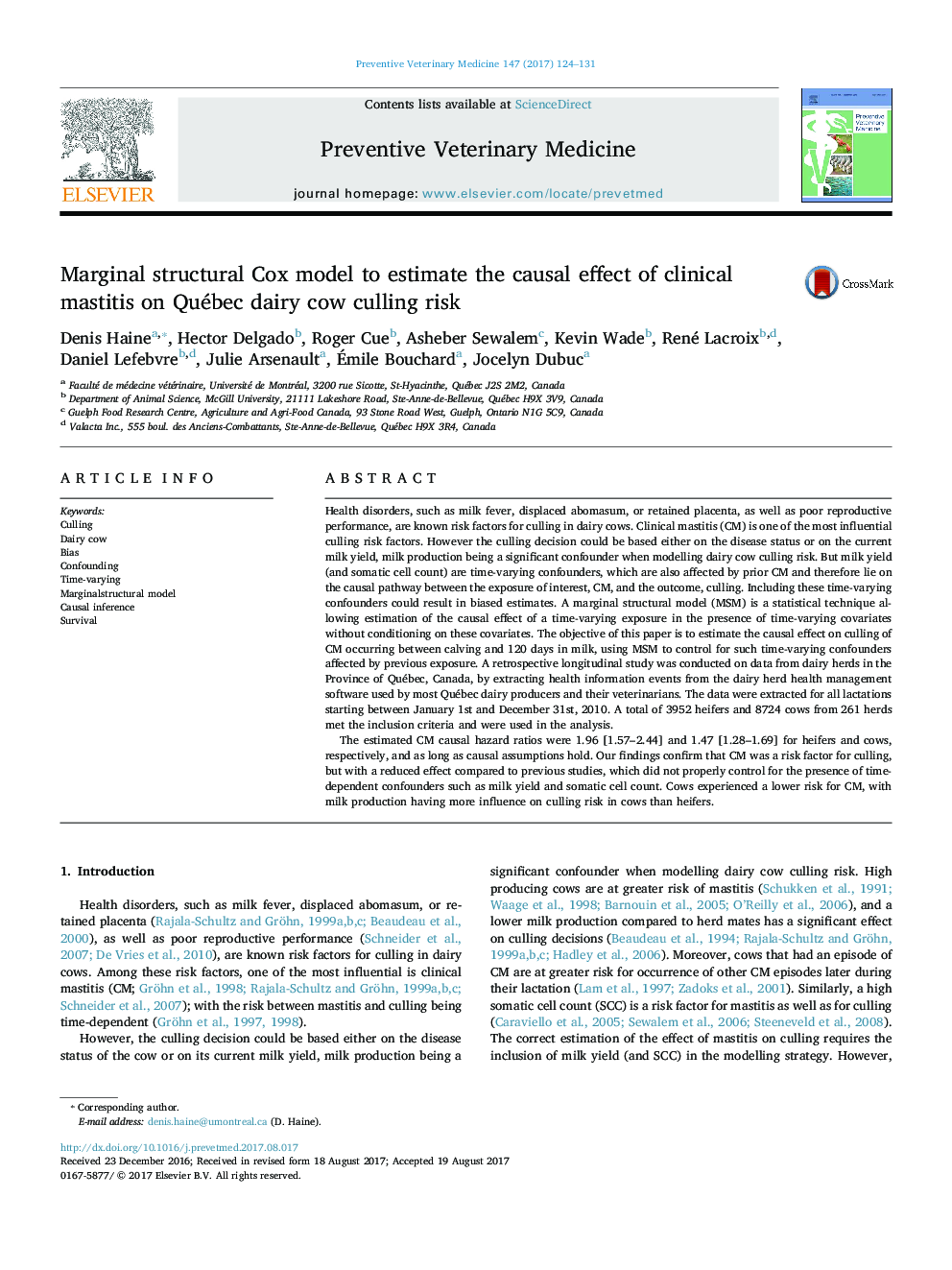 Marginal structural Cox model to estimate the causal effect of clinical mastitis on Québec dairy cow culling risk