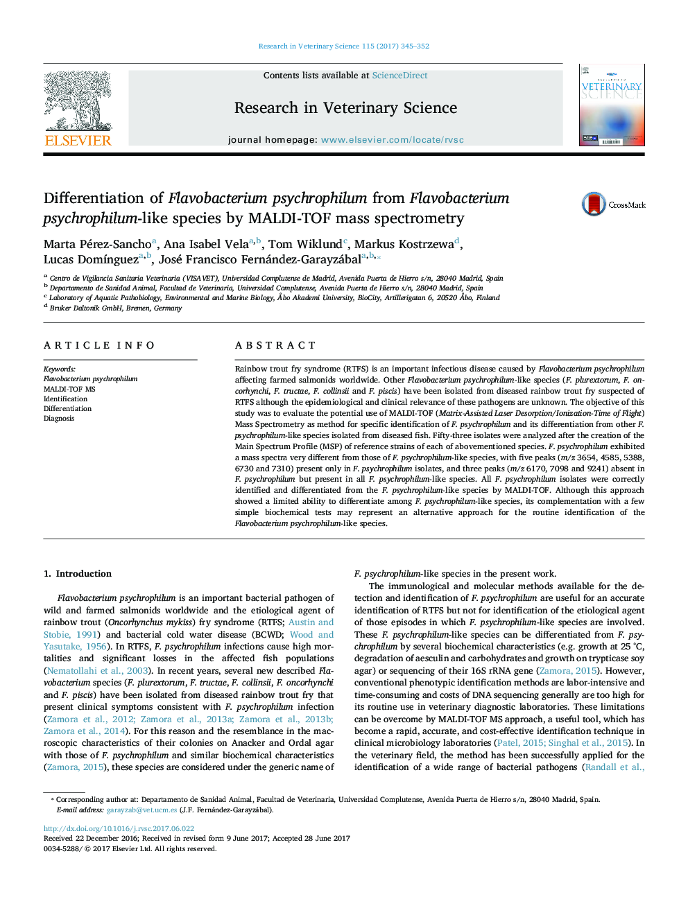 Differentiation of Flavobacterium psychrophilum from Flavobacterium psychrophilum-like species by MALDI-TOF mass spectrometry
