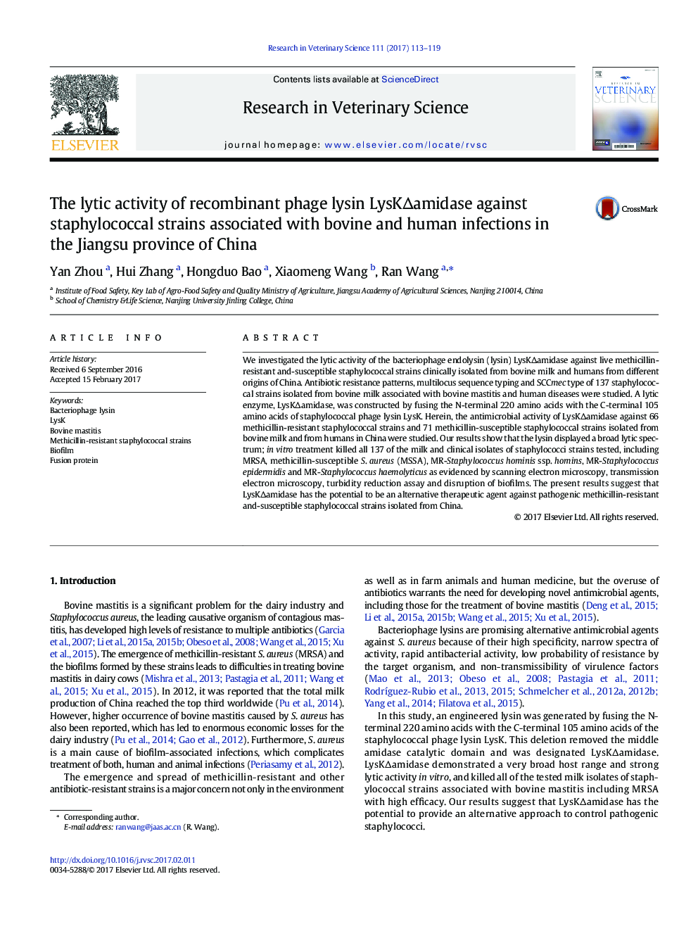 The lytic activity of recombinant phage lysin LysKÎamidase against staphylococcal strains associated with bovine and human infections in the Jiangsu province of China