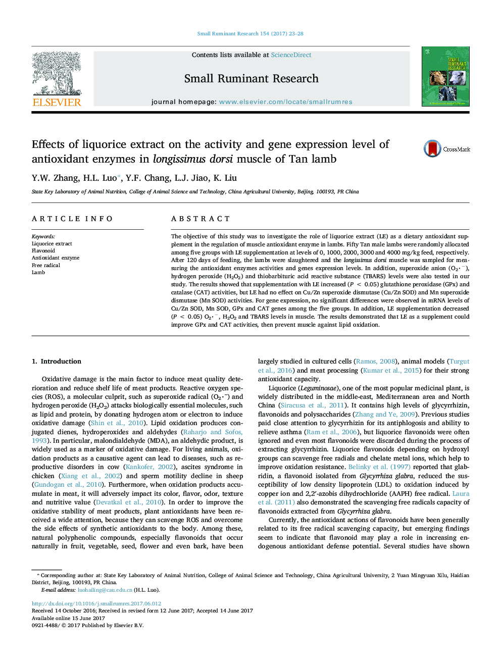 Effects of liquorice extract on the activity and gene expression level of antioxidant enzymes in longissimus dorsi muscle of Tan lamb