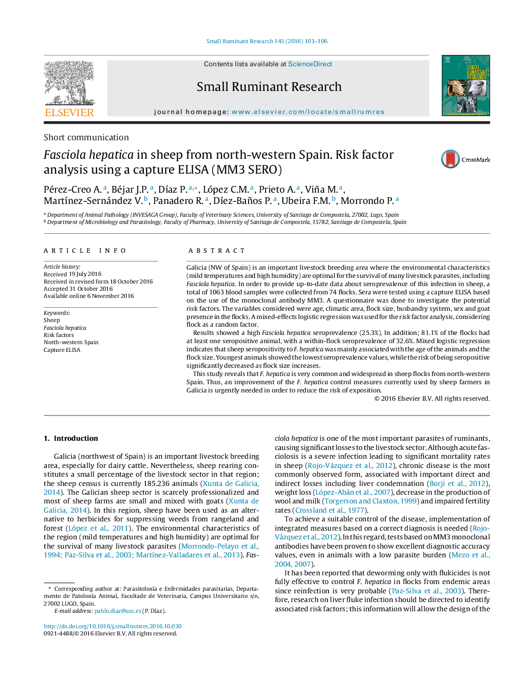 Fasciola hepatica in sheep from north-western Spain. Risk factor analysis using a capture ELISA (MM3 SERO)