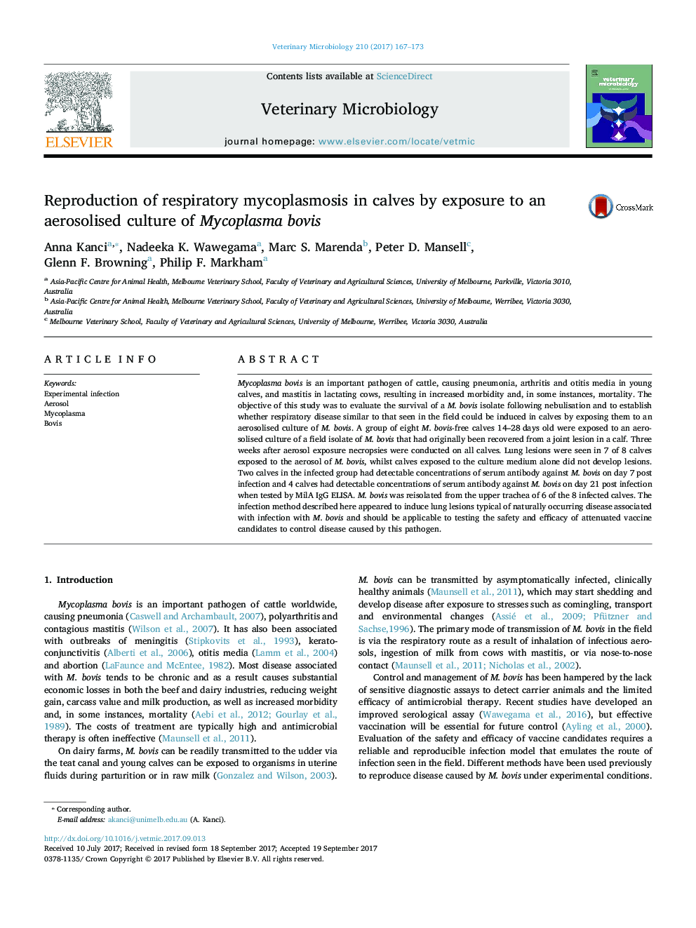 Reproduction of respiratory mycoplasmosis in calves by exposure to an aerosolised culture of Mycoplasma bovis