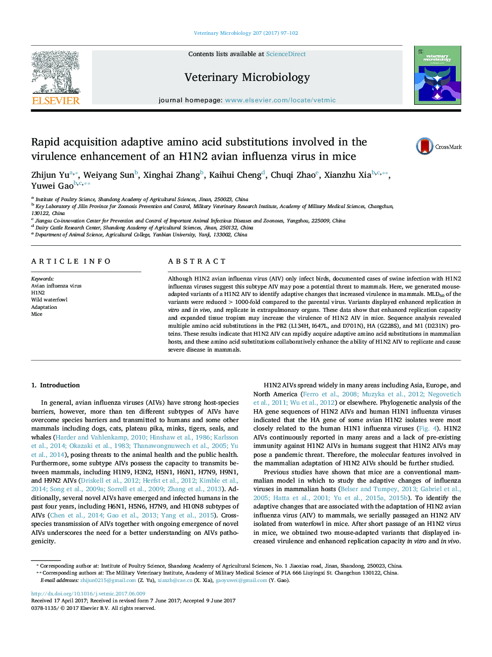 Rapid acquisition adaptive amino acid substitutions involved in the virulence enhancement of an H1N2 avian influenza virus in mice