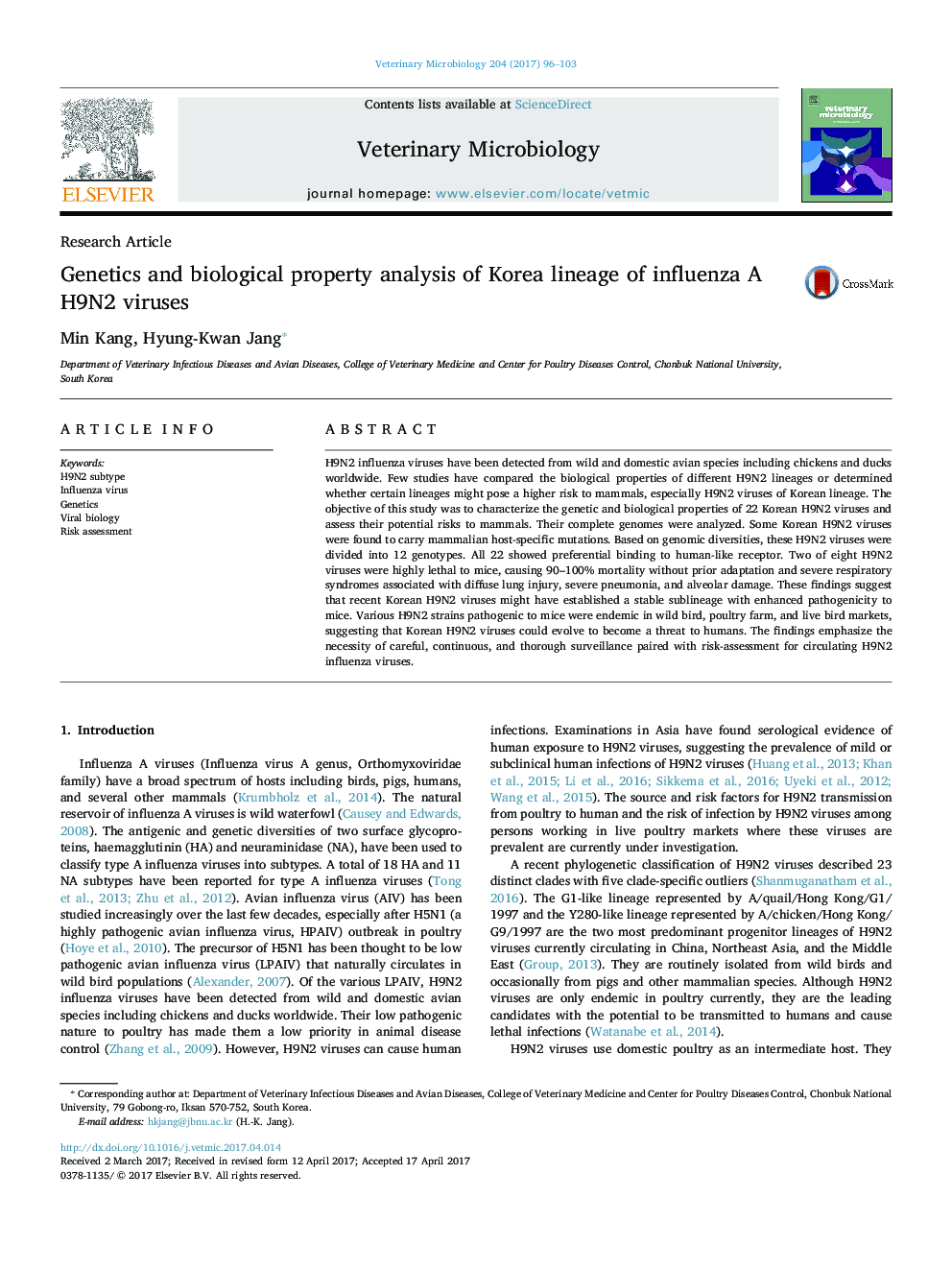 Research ArticleGenetics and biological property analysis of Korea lineage of influenza A H9N2 viruses