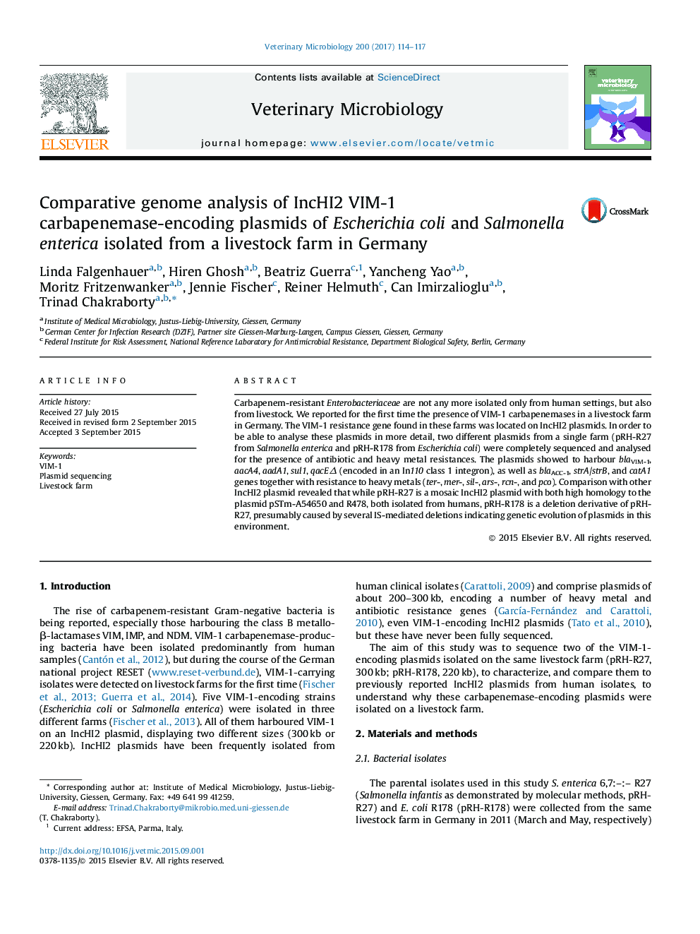 Comparative genome analysis of IncHI2 VIM-1 carbapenemase-encoding plasmids of Escherichia coli and Salmonella enterica isolated from a livestock farm in Germany