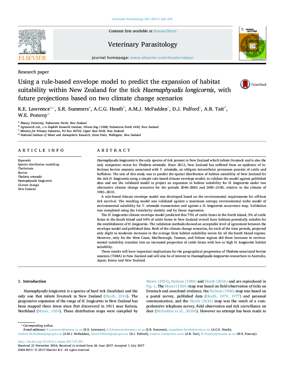 Using a rule-based envelope model to predict the expansion of habitat suitability within New Zealand for the tick Haemaphysalis longicornis, with future projections based on two climate change scenarios