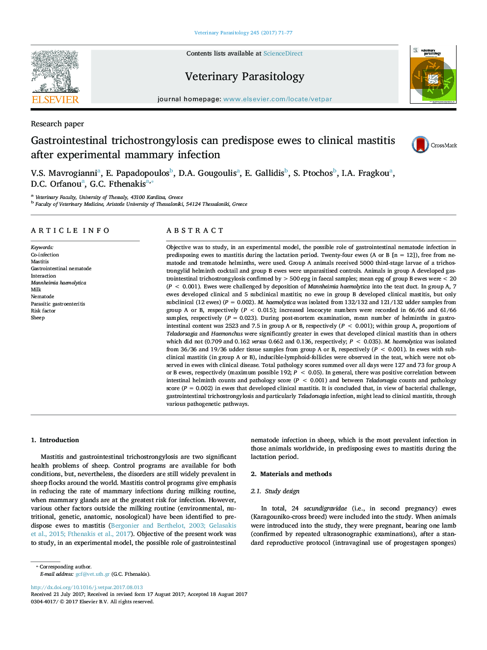 Gastrointestinal trichostrongylosis can predispose ewes to clinical mastitis after experimental mammary infection