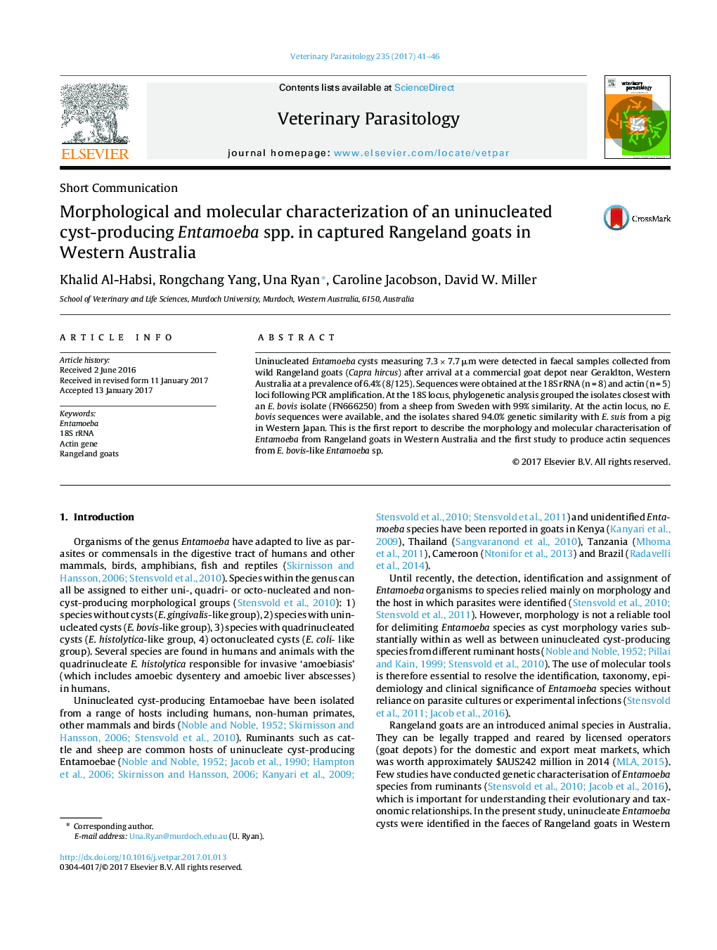 Morphological and molecular characterization of an uninucleated cyst-producing Entamoeba spp. in captured Rangeland goats in Western Australia