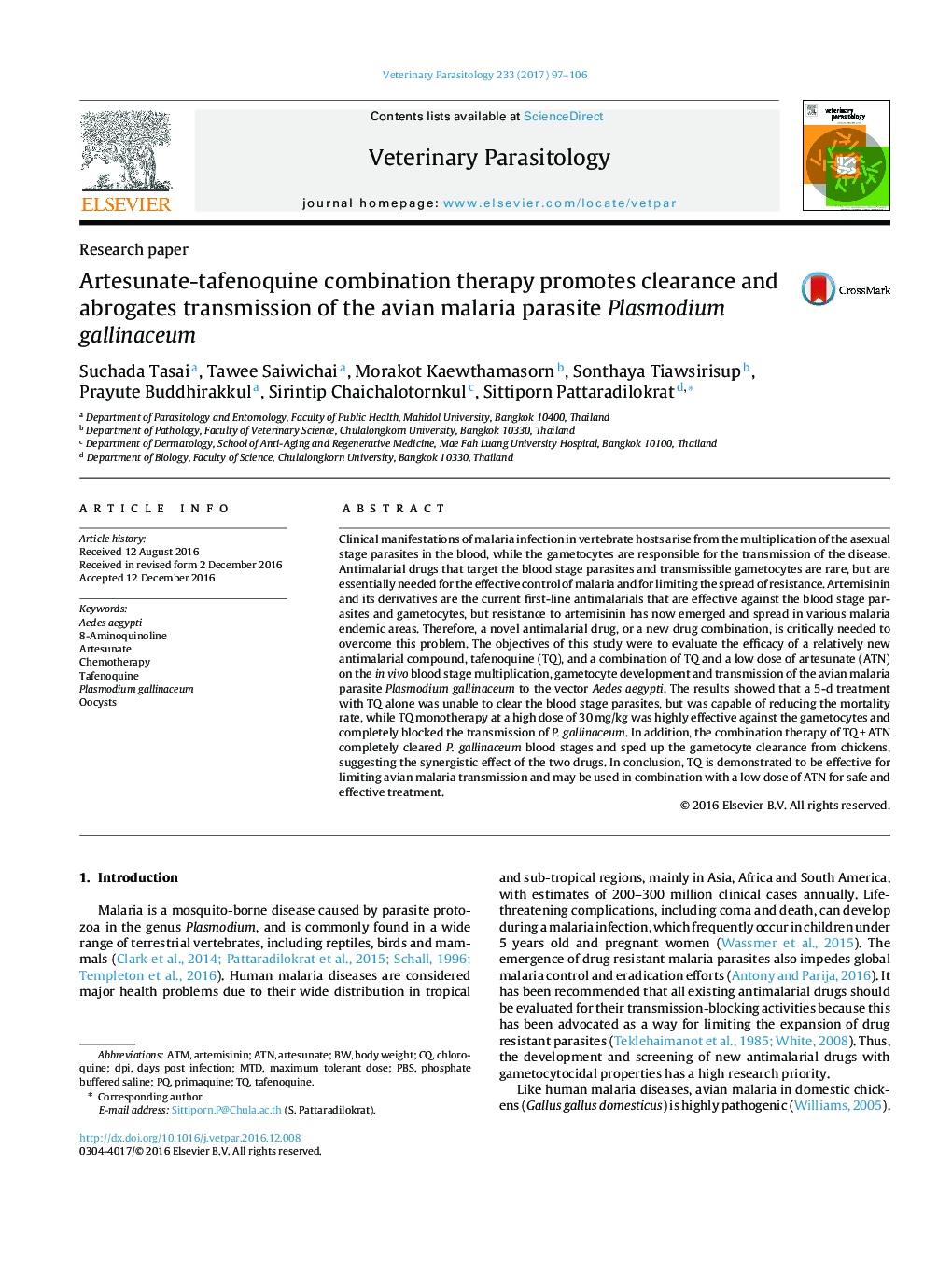 Artesunate-tafenoquine combination therapy promotes clearance and abrogates transmission of the avian malaria parasite Plasmodium gallinaceum