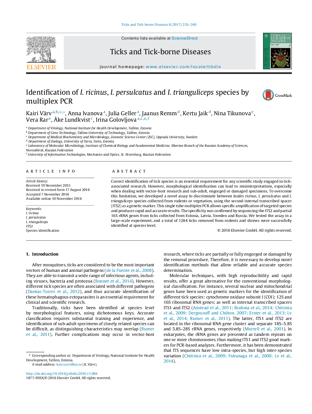 Identification of I. ricinus, I. persulcatus and I. trianguliceps species by multiplex PCR