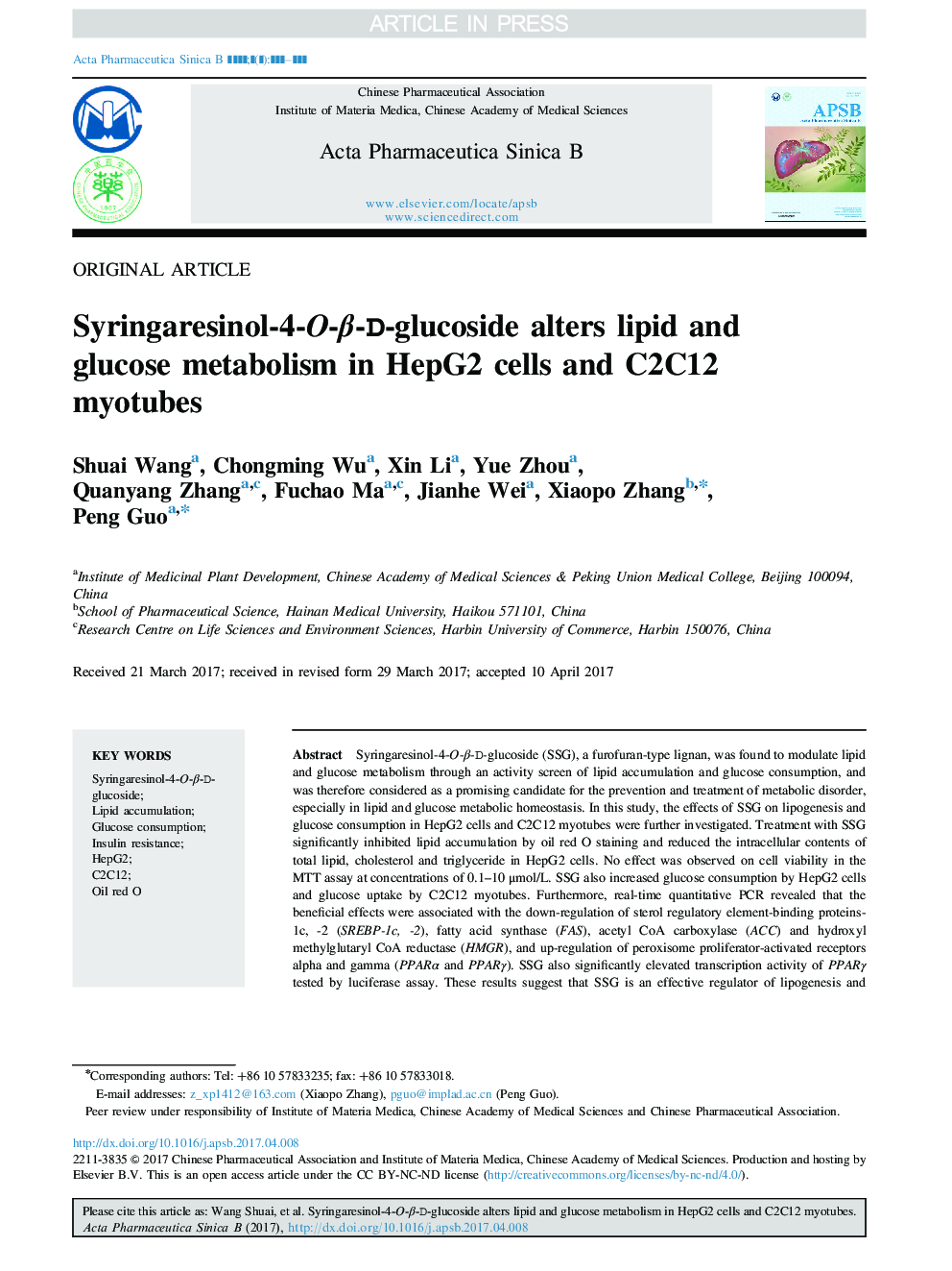 Syringaresinol-4-O-Î²-d-glucoside alters lipid and glucose metabolism in HepG2 cells and C2C12 myotubes