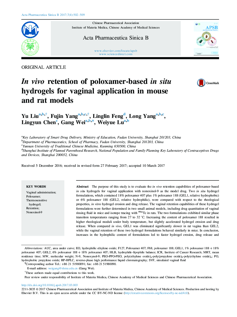 In vivo retention of poloxamer-based in situ hydrogels for vaginal application in mouse and rat models