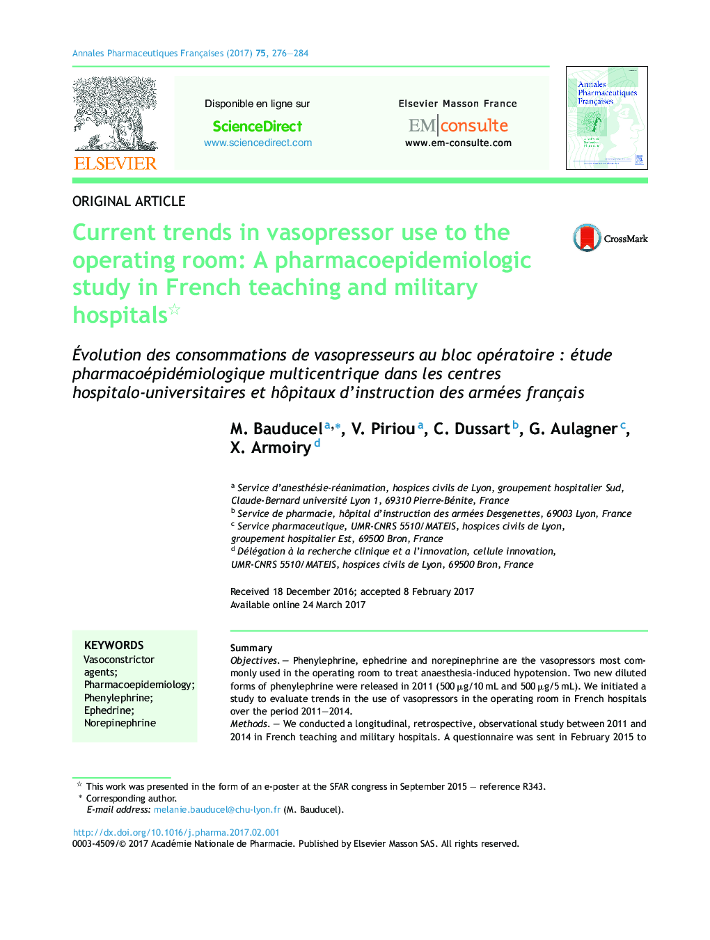 روند فعلی استفاده از وازوپرسور به اتاق عمل: یک مطالعه فارماکوپیدمیولوژیک در آموزش فرانسه و بیمارستان های نظامی 