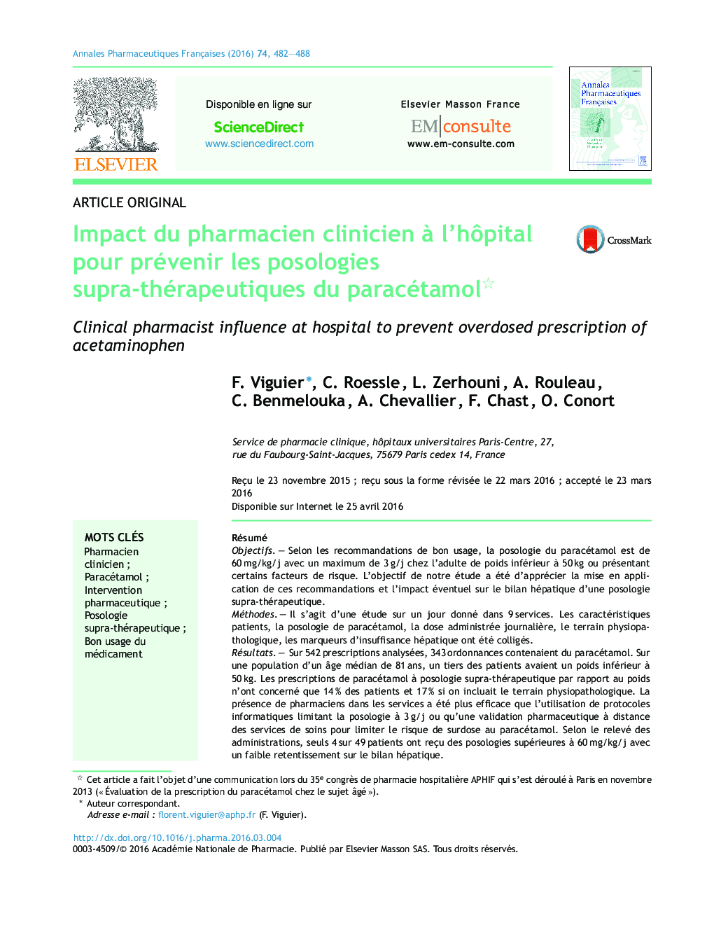 Impact du pharmacien clinicien Ã  l'hÃ´pital pour prévenir les posologies supra-thérapeutiques du paracétamol