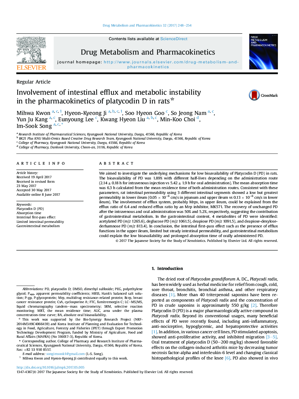 Involvement of intestinal efflux and metabolic instability inÂ theÂ pharmacokinetics of platycodin D in rats