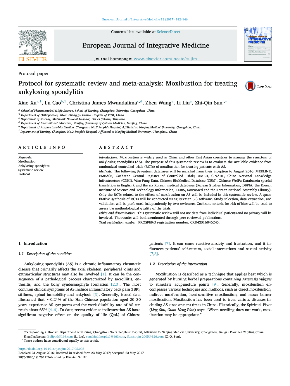 Protocol for systematic review and meta-analysis: Moxibustion for treating ankylosing spondylitis