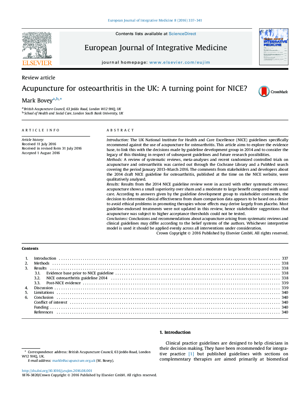 Acupuncture for osteoarthritis in the UK: A turning point for NICE?