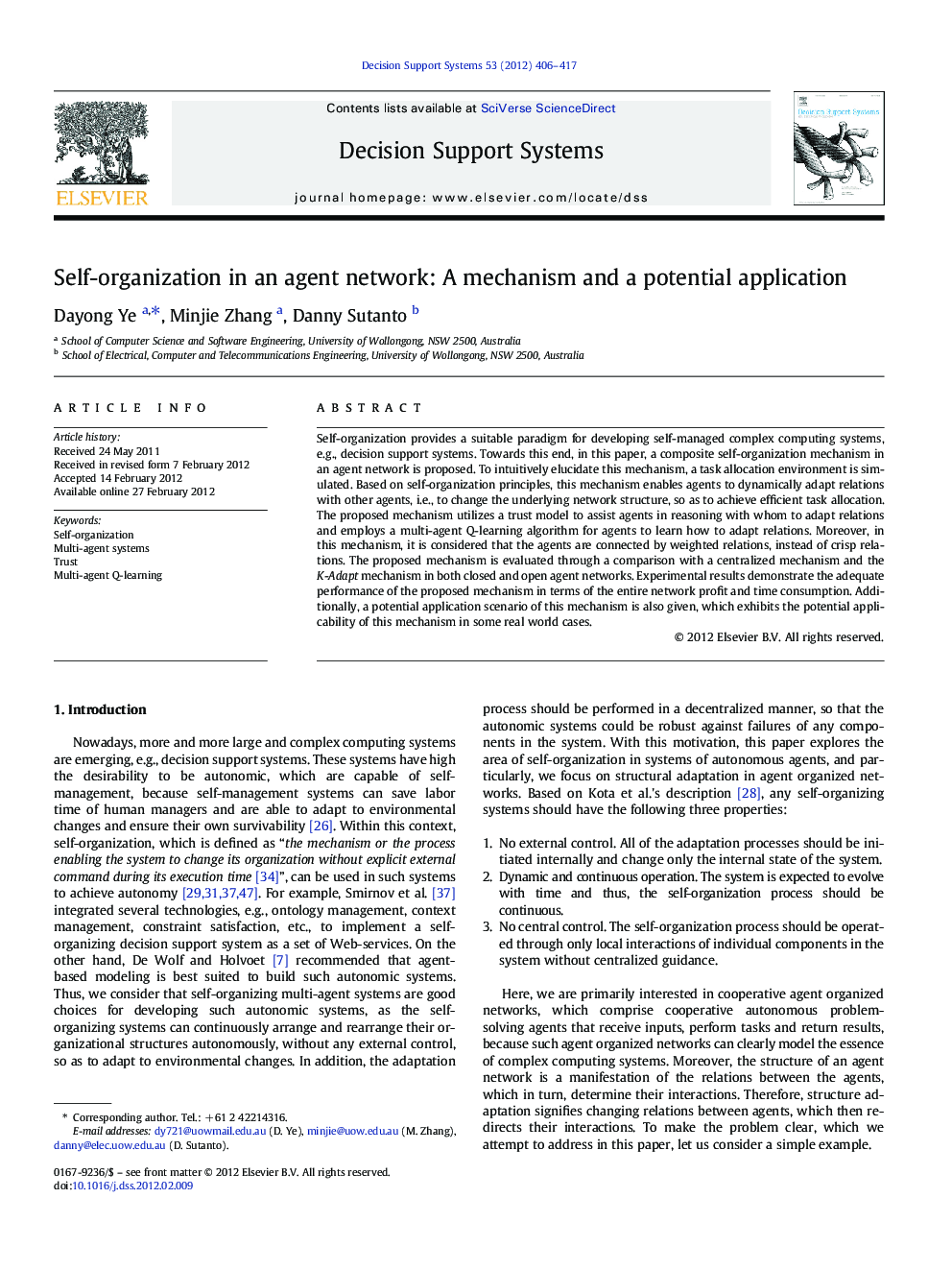 Self-organization in an agent network: A mechanism and a potential application