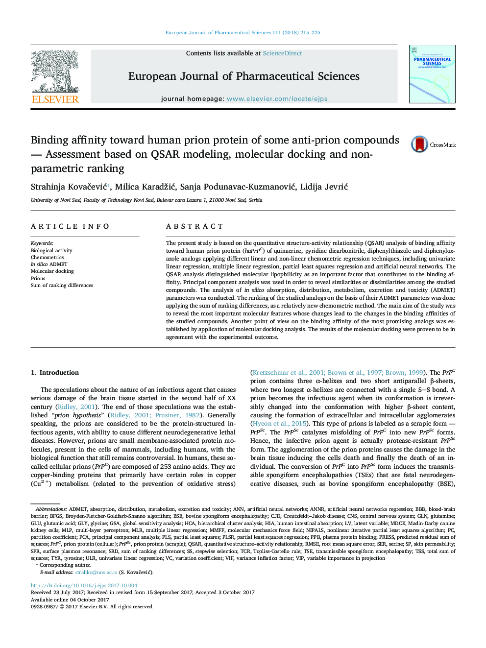 Binding affinity toward human prion protein of some anti-prion compounds - Assessment based on QSAR modeling, molecular docking and non-parametric ranking