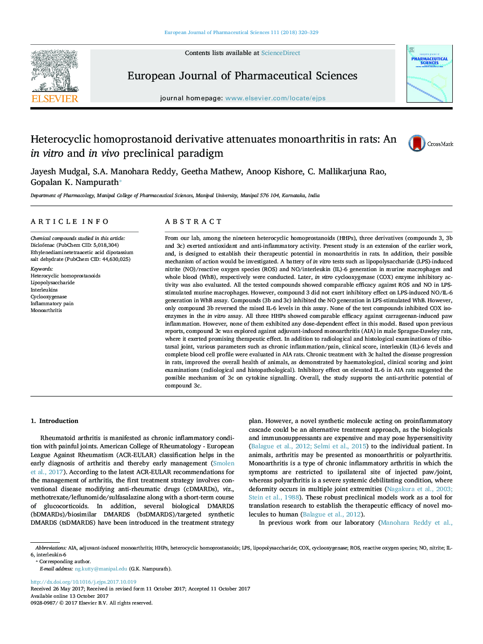 Heterocyclic homoprostanoid derivative attenuates monoarthritis in rats: An in vitro and in vivo preclinical paradigm