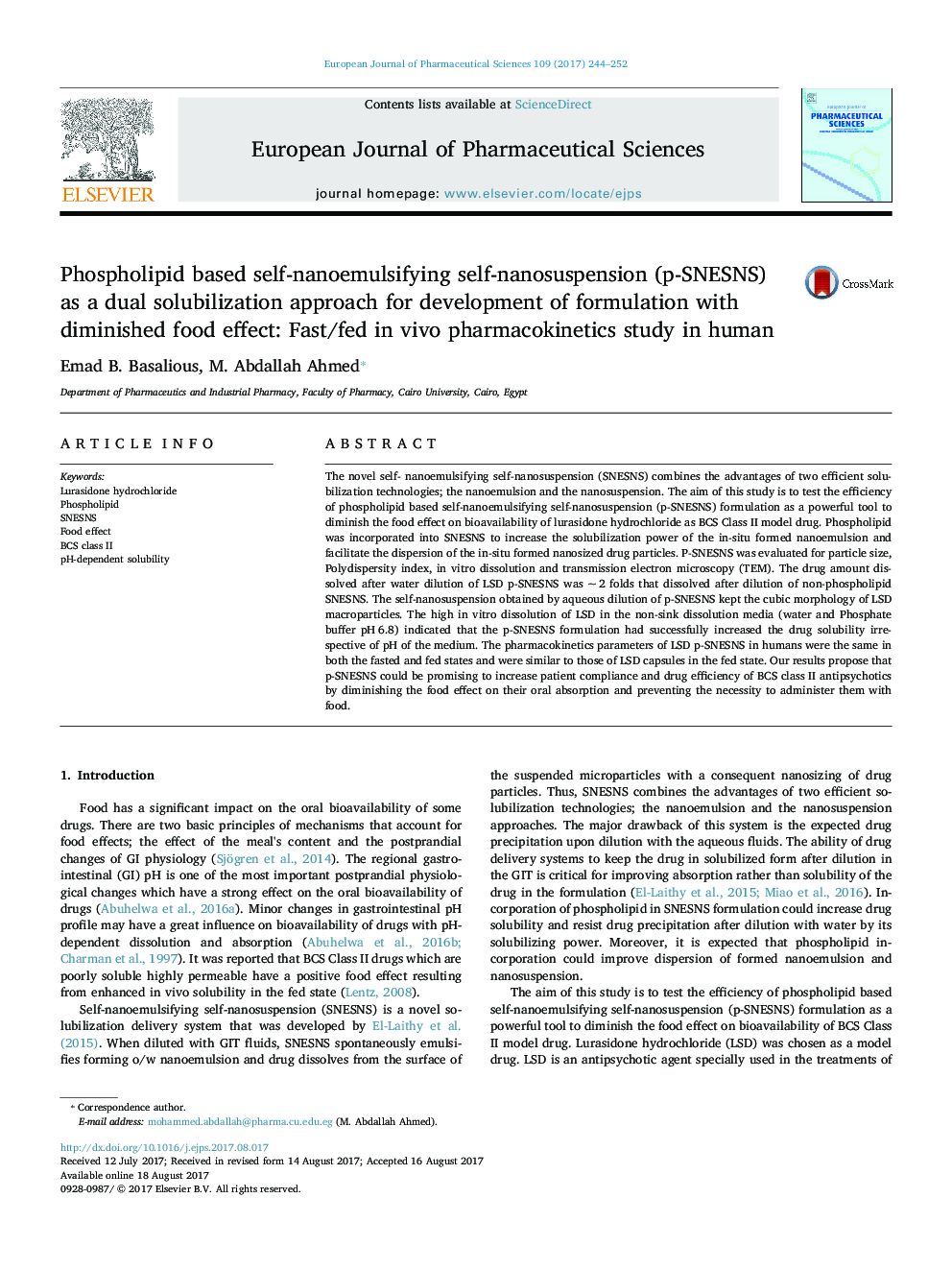 Phospholipid based self-nanoemulsifying self-nanosuspension (p-SNESNS) as a dual solubilization approach for development of formulation with diminished food effect: Fast/fed in vivo pharmacokinetics study in human