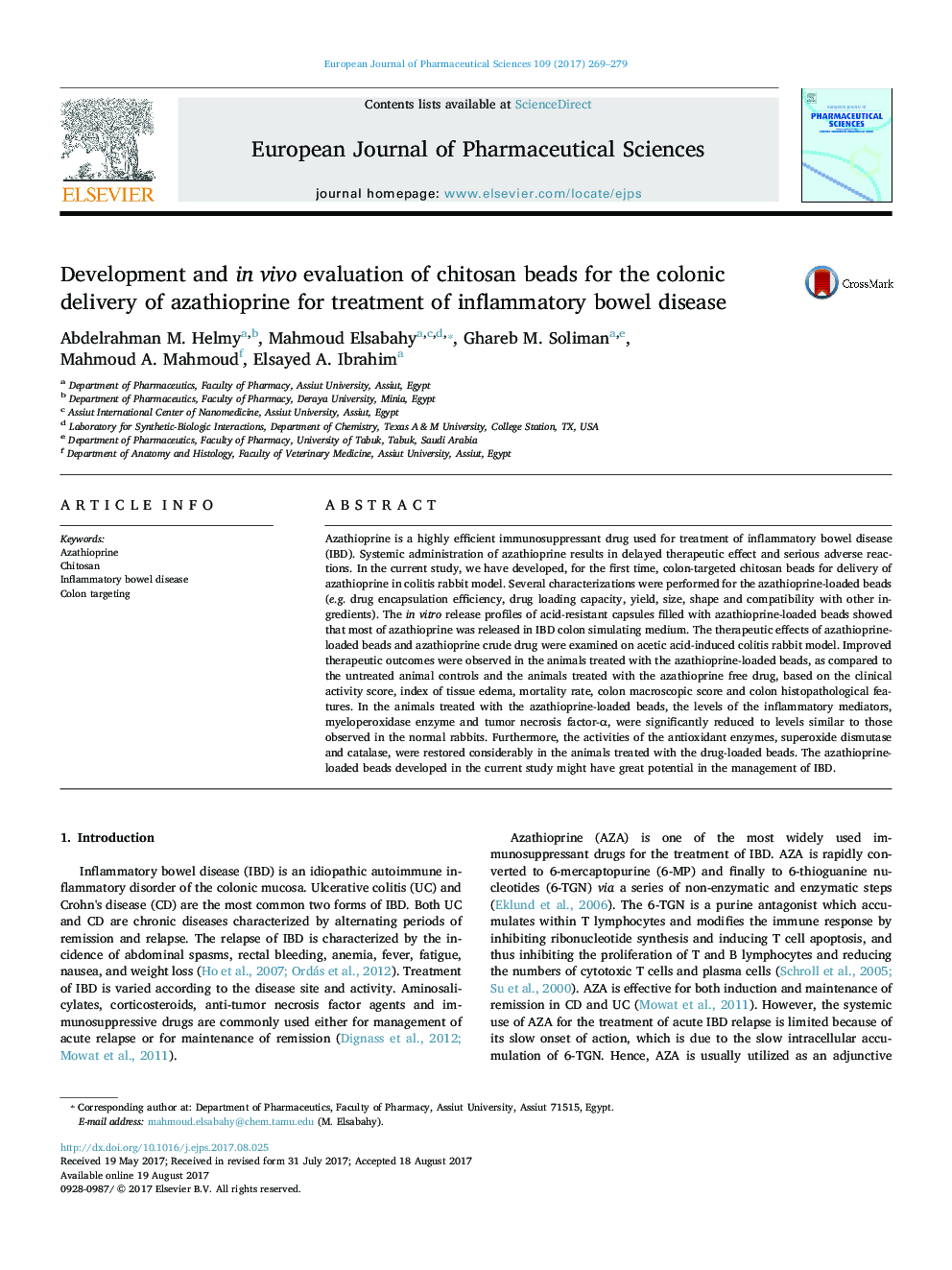 Development and in vivo evaluation of chitosan beads for the colonic delivery of azathioprine for treatment of inflammatory bowel disease