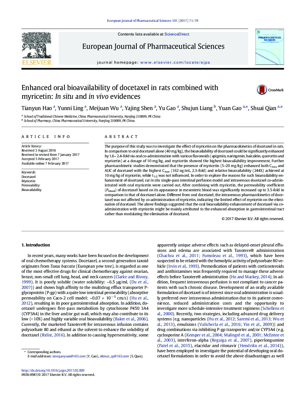 Enhanced oral bioavailability of docetaxel in rats combined with myricetin: In situ and in vivo evidences