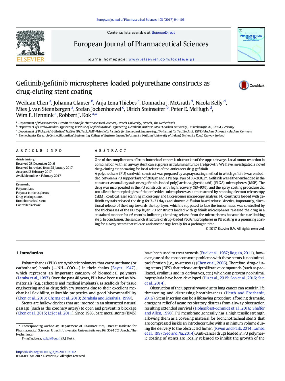 Gefitinib/gefitinib microspheres loaded polyurethane constructs as drug-eluting stent coating
