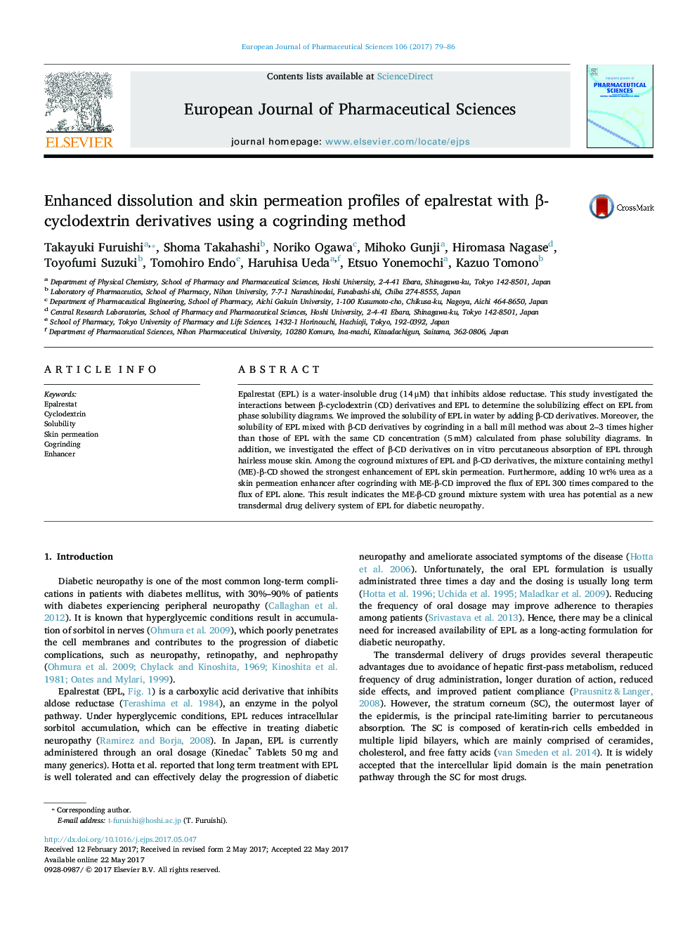 Enhanced dissolution and skin permeation profiles of epalrestat with Î²-cyclodextrin derivatives using a cogrinding method