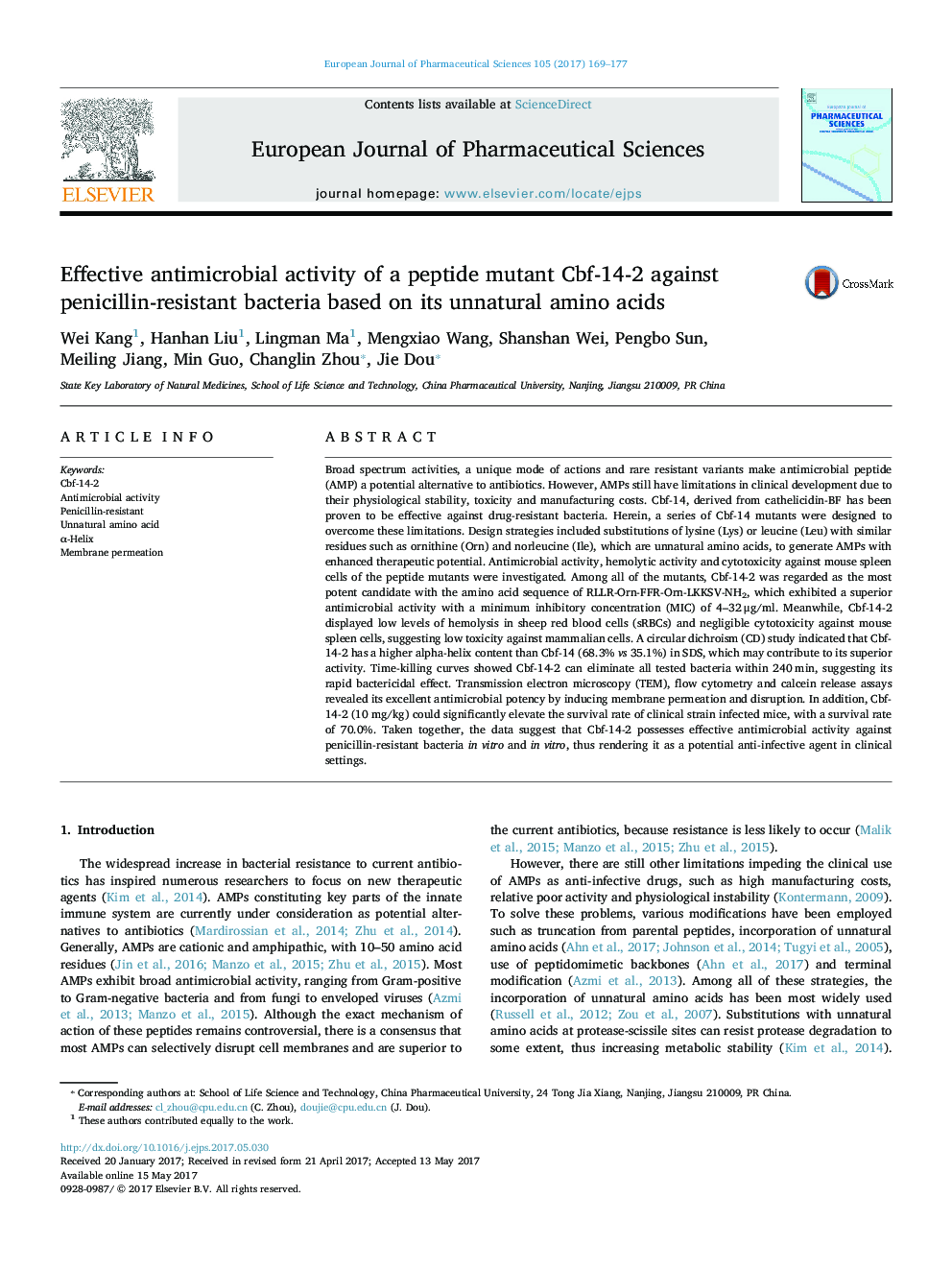 Effective antimicrobial activity of a peptide mutant Cbf-14-2 against penicillin-resistant bacteria based on its unnatural amino acids