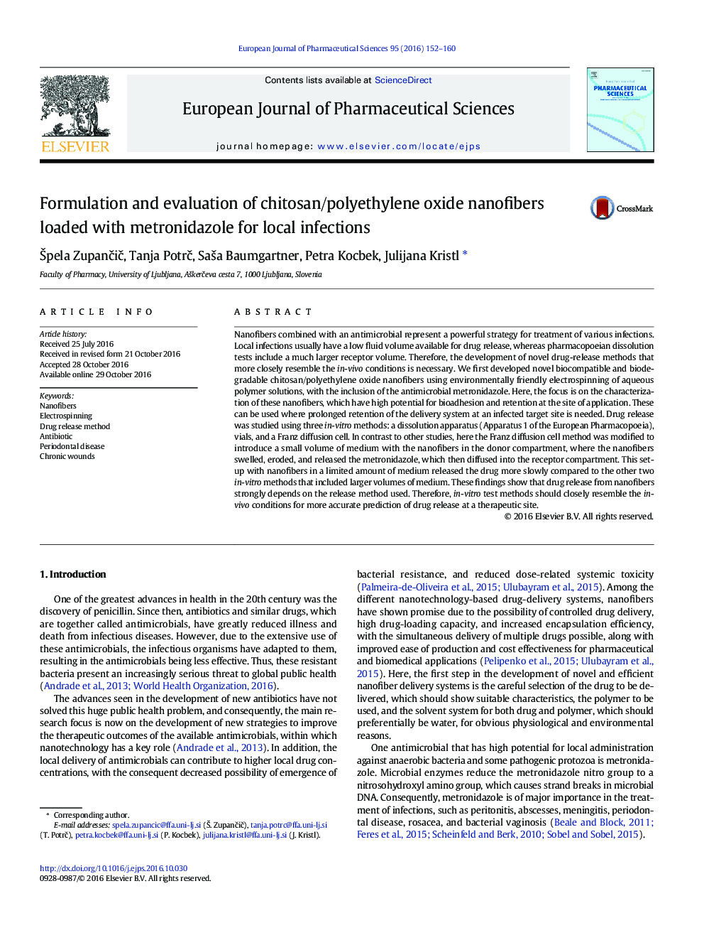 فرمولاسیون و ارزیابی نانو فیبرهای کیتوزان / پلی اتیلن اکسید بارگذاری شده با مترونیدازول برای عفونت های موضعی 