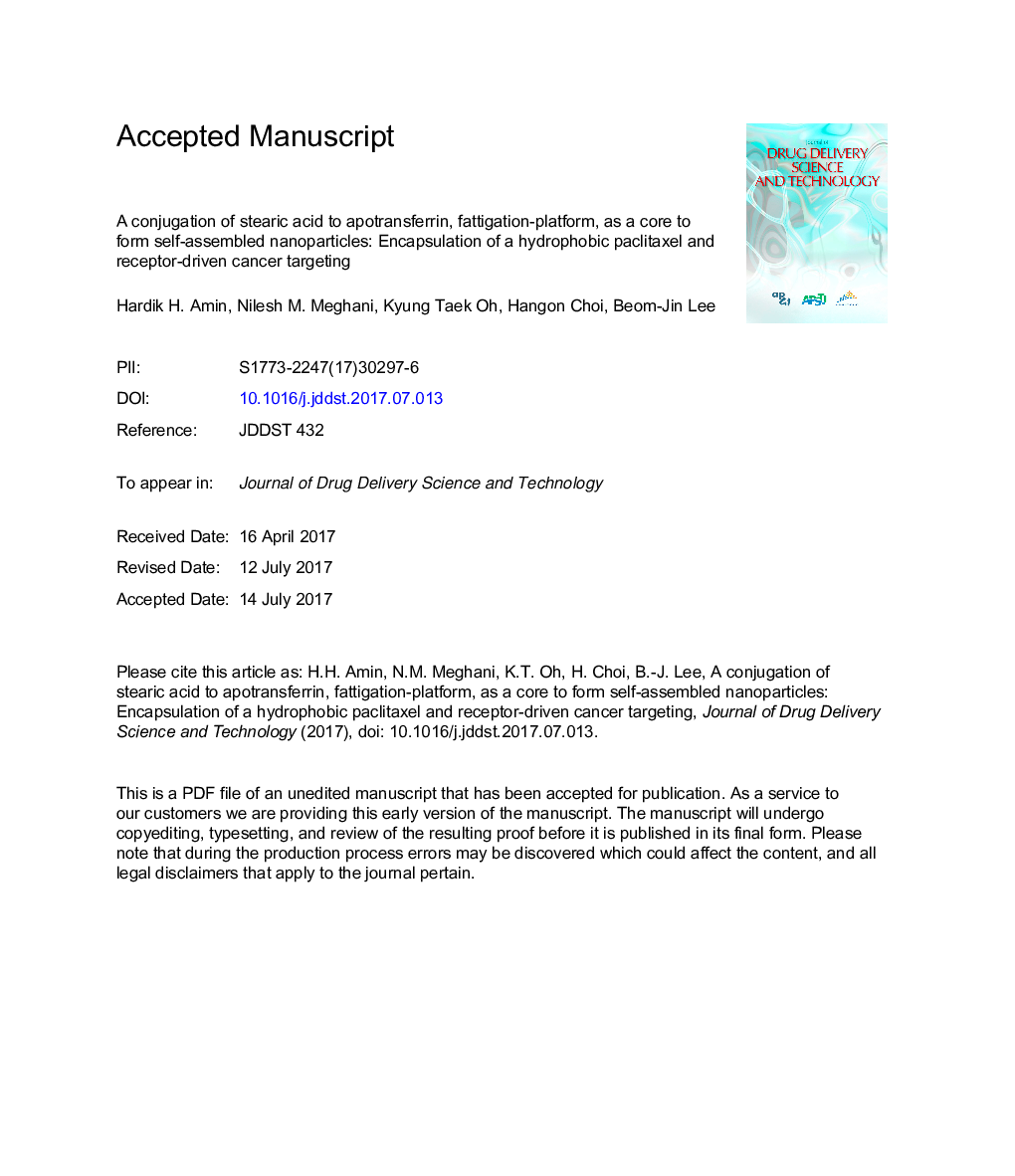 ترکیب کنسانتره اسید استاریک به آپوترانسفرستر، پلاتفرم چربی زدائی، به عنوان یک هسته برای تشکیل نانوذرات خودمختار: کپسوله سازی یک هدف سرطانی هضم کننده بسته لیتاکاکسل و گیرنده 