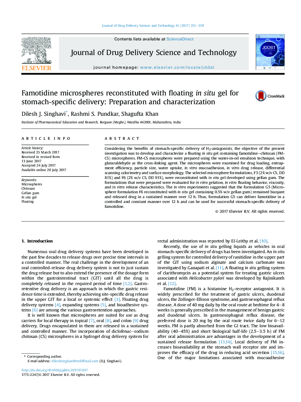 Famotidine microspheres reconstituted with floating in situ gel for stomach-specific delivery: Preparation and characterization