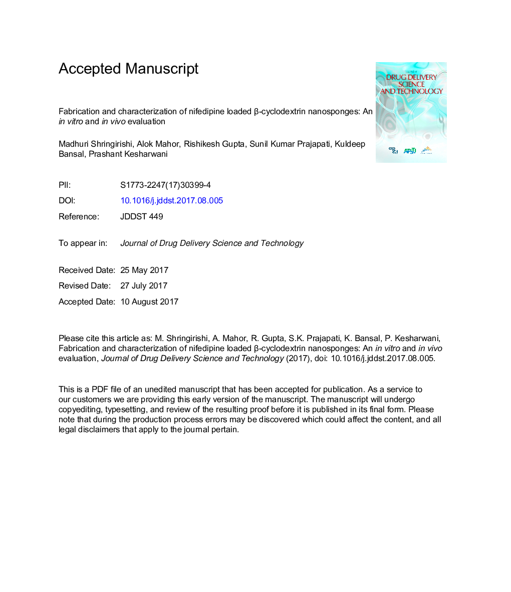 Fabrication and characterization of nifedipine loaded Î²-cyclodextrin nanosponges: An inÂ vitro and inÂ vivo evaluation
