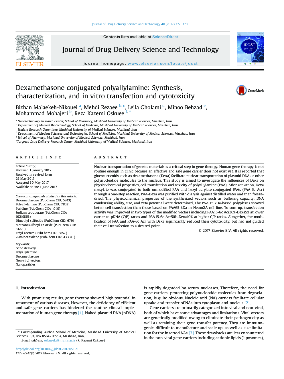 Dexamethasone conjugated polyallylamine: Synthesis, characterization, and inÂ vitro transfection and cytotoxicity