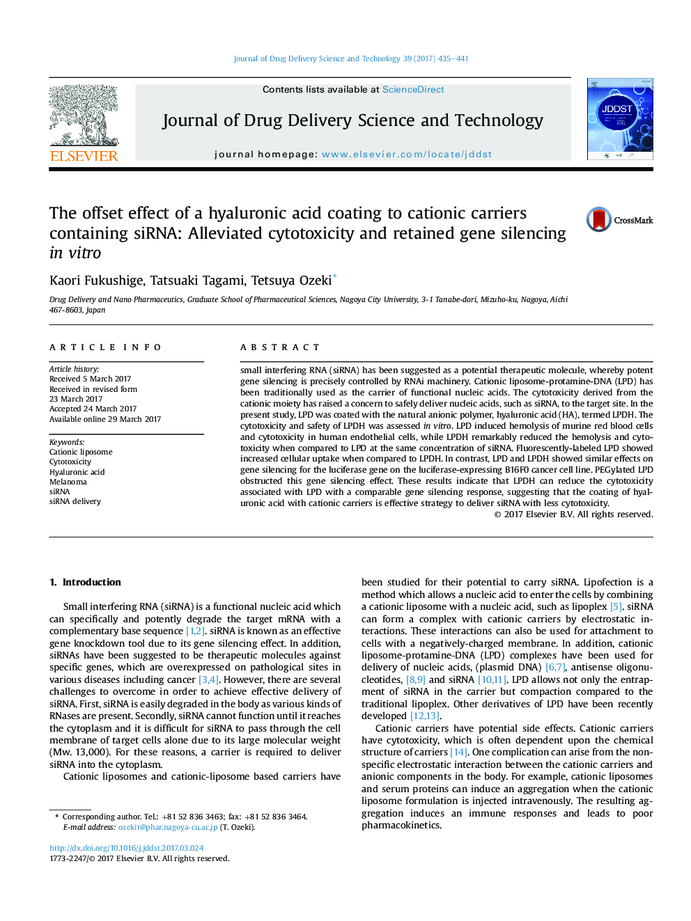 The offset effect of a hyaluronic acid coating to cationic carriers containing siRNA: Alleviated cytotoxicity and retained gene silencing inÂ vitro