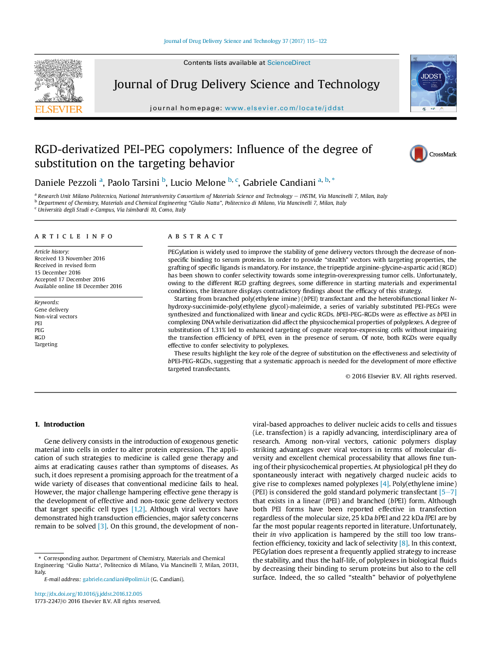 RGD-derivatized PEI-PEG copolymers: Influence of the degree of substitution on the targeting behavior