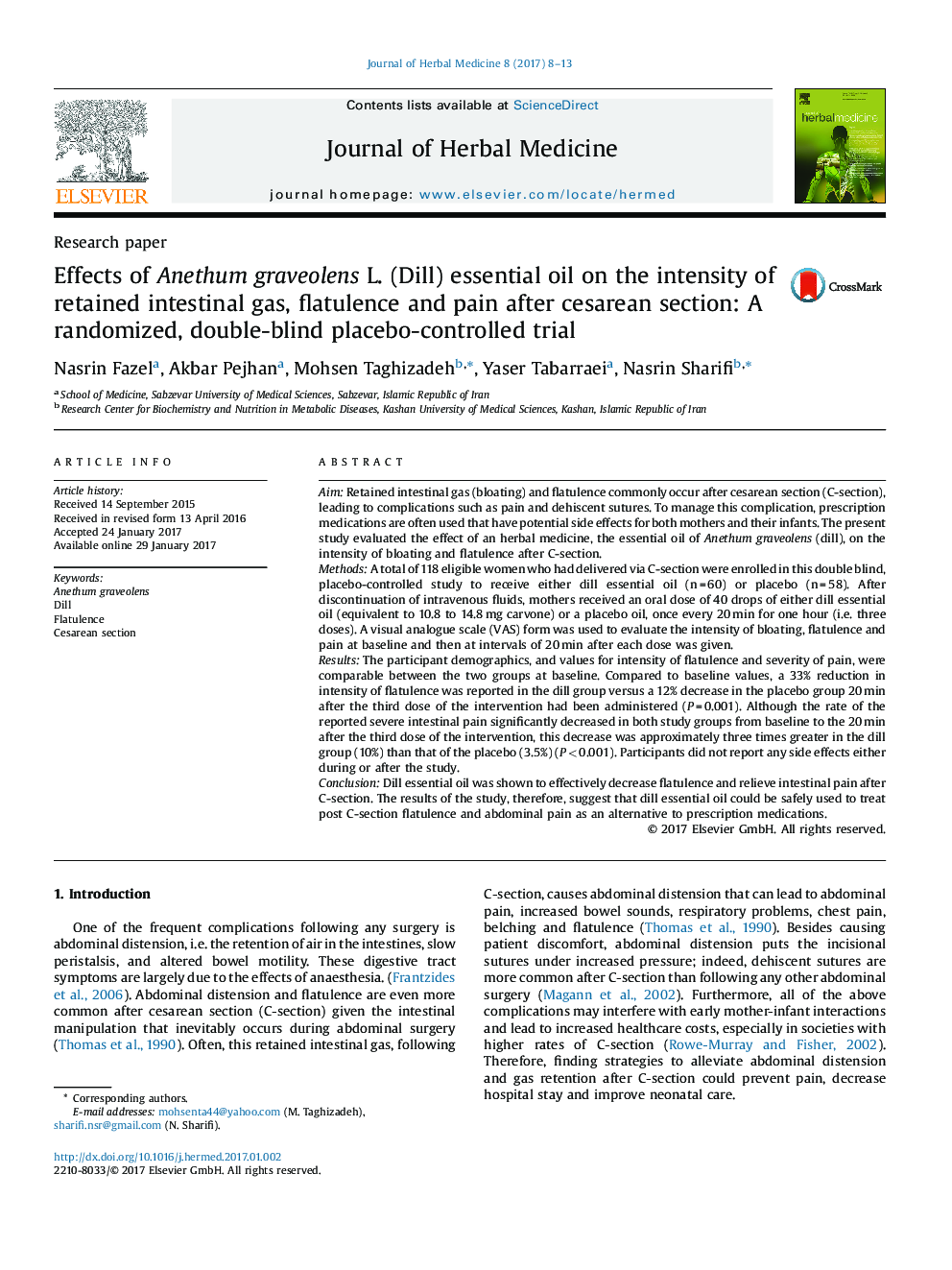 Effects of Anethum graveolens L. (Dill) essential oil on the intensity of retained intestinal gas, flatulence and pain after cesarean section: A randomized, double-blind placebo-controlled trial