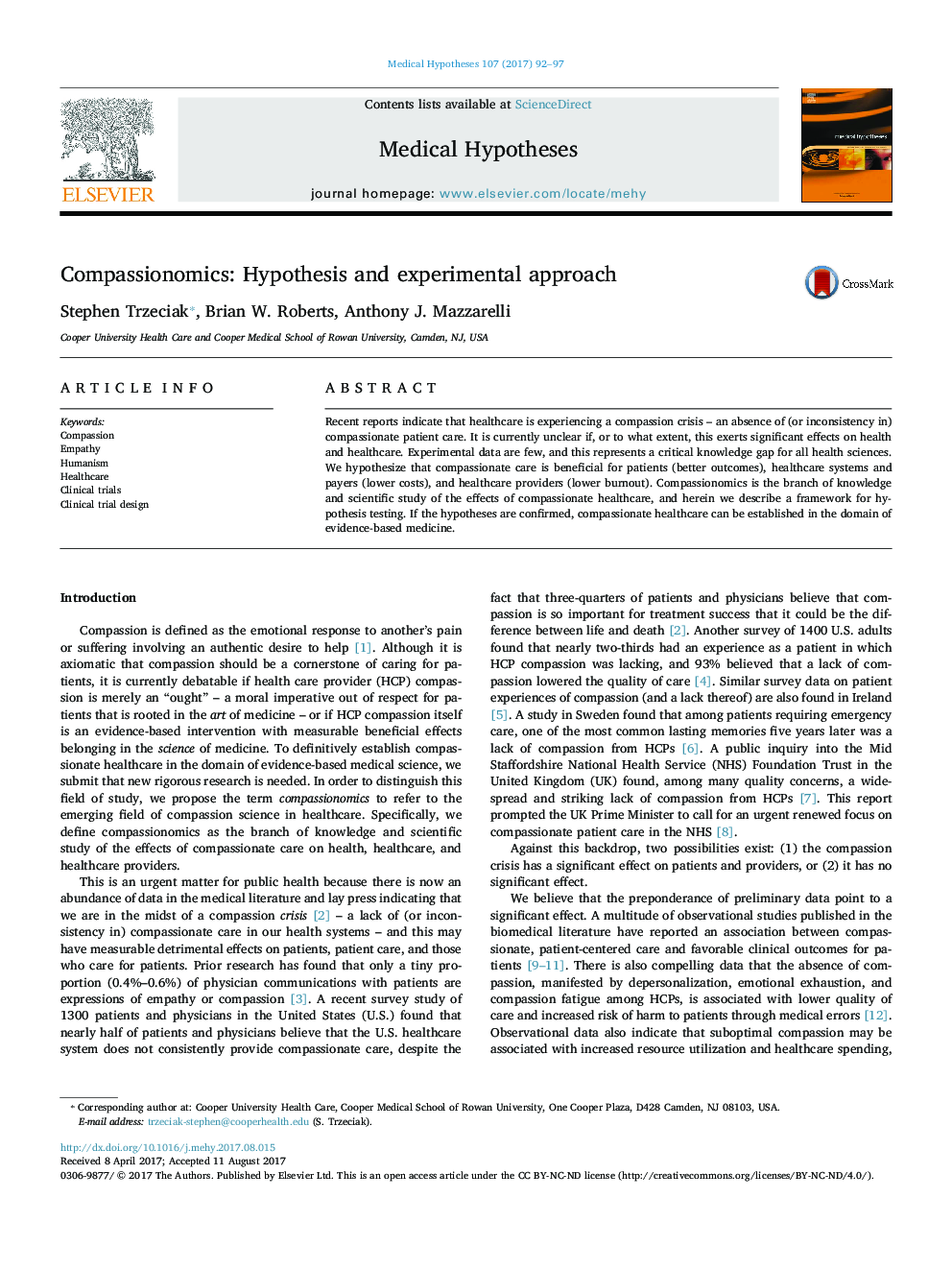 Compassionomics: Hypothesis and experimental approach