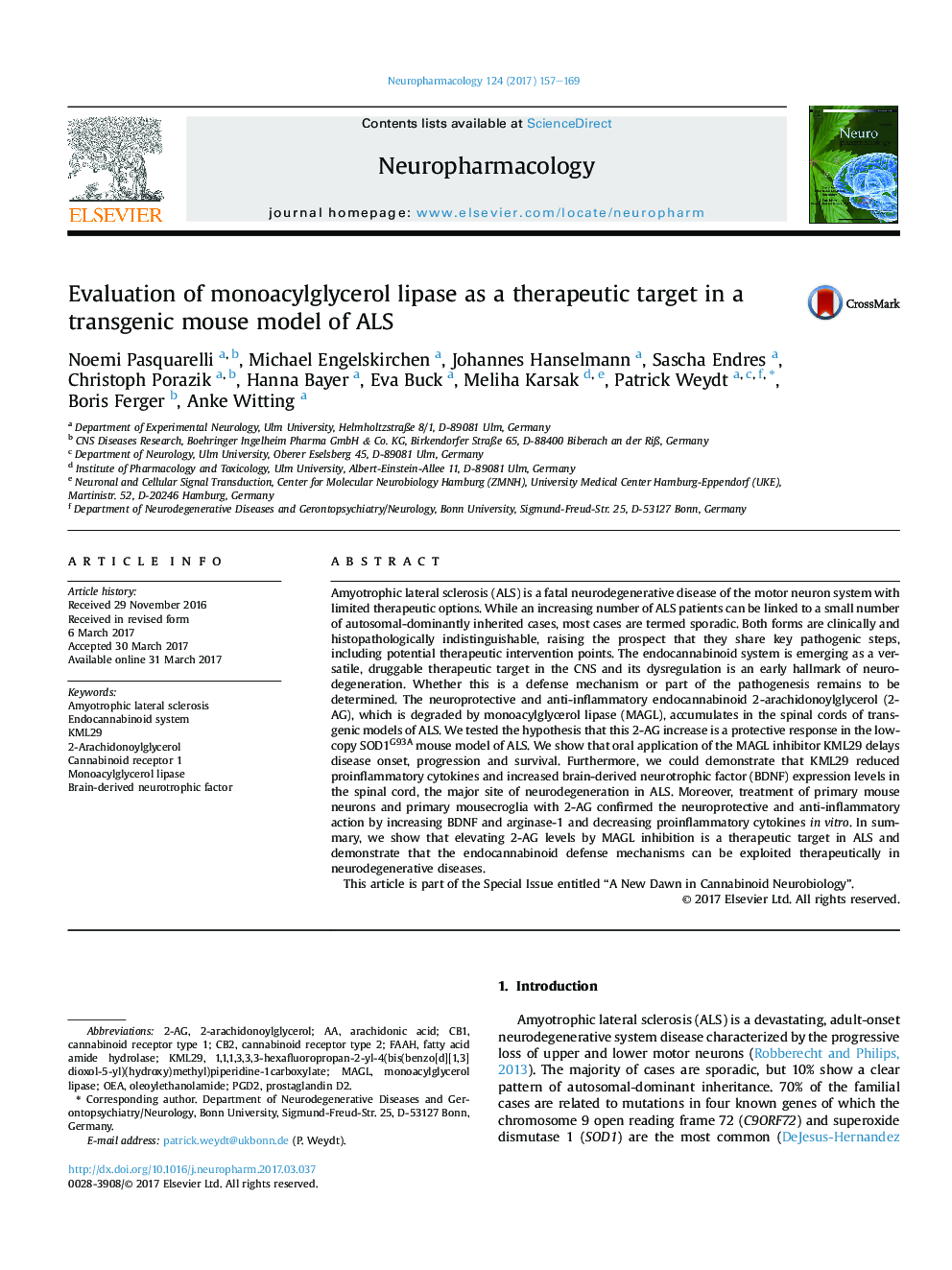 Evaluation of monoacylglycerol lipase as a therapeutic target in a transgenic mouse model of ALS