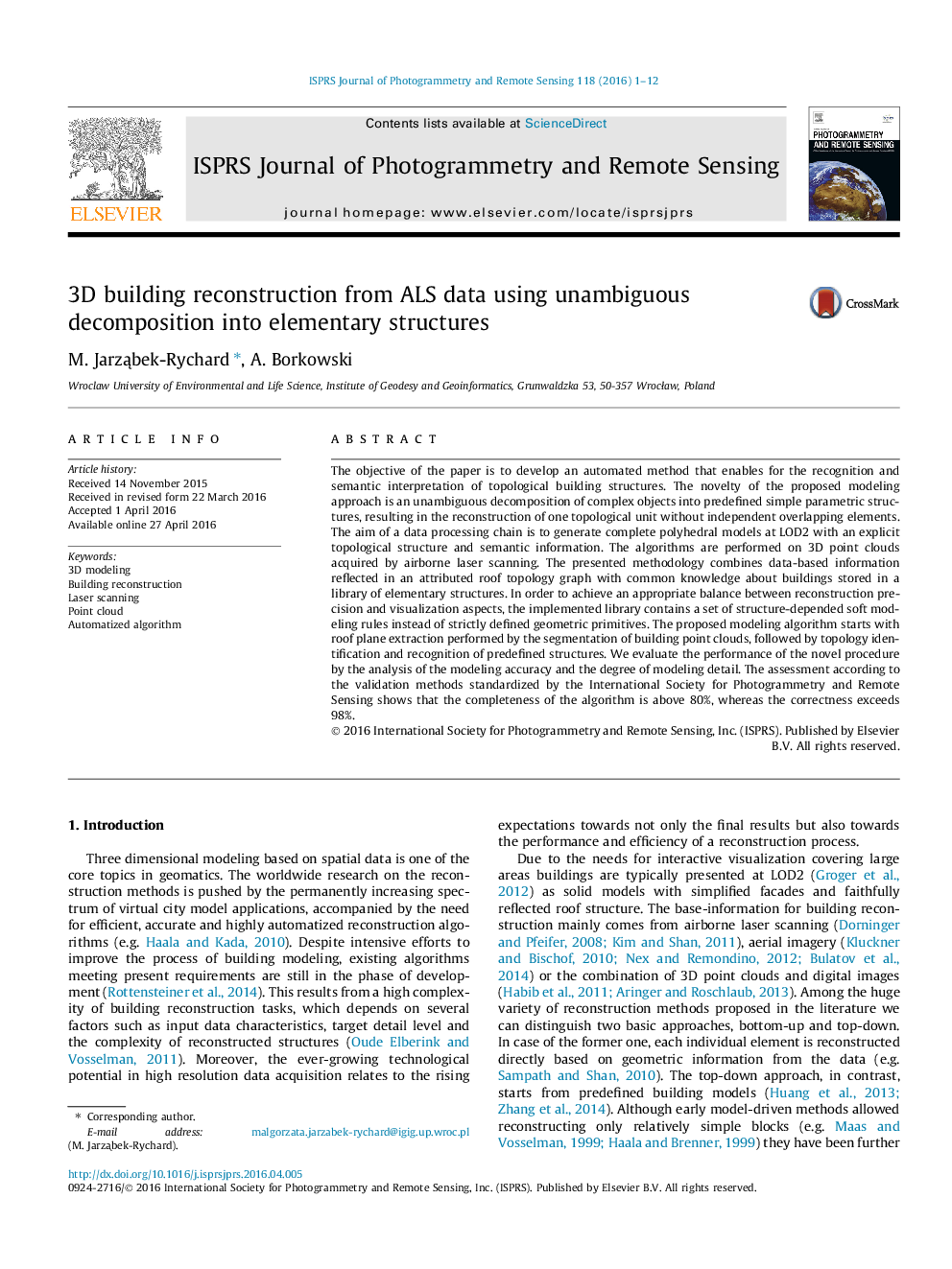 3D building reconstruction from ALS data using unambiguous decomposition into elementary structures