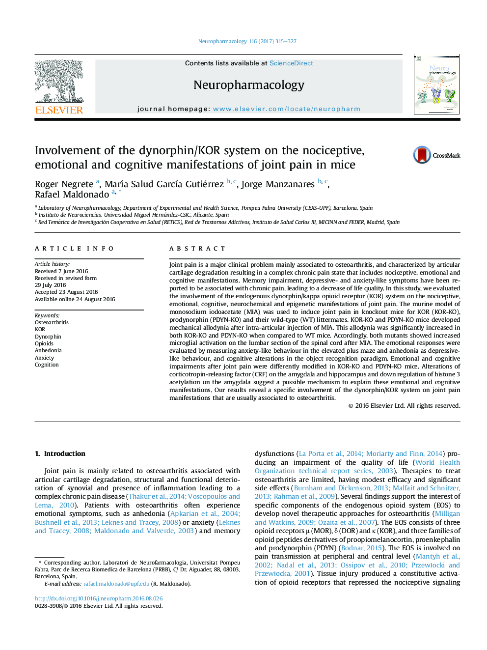 Involvement of the dynorphin/KOR system on the nociceptive, emotional and cognitive manifestations of joint pain in mice