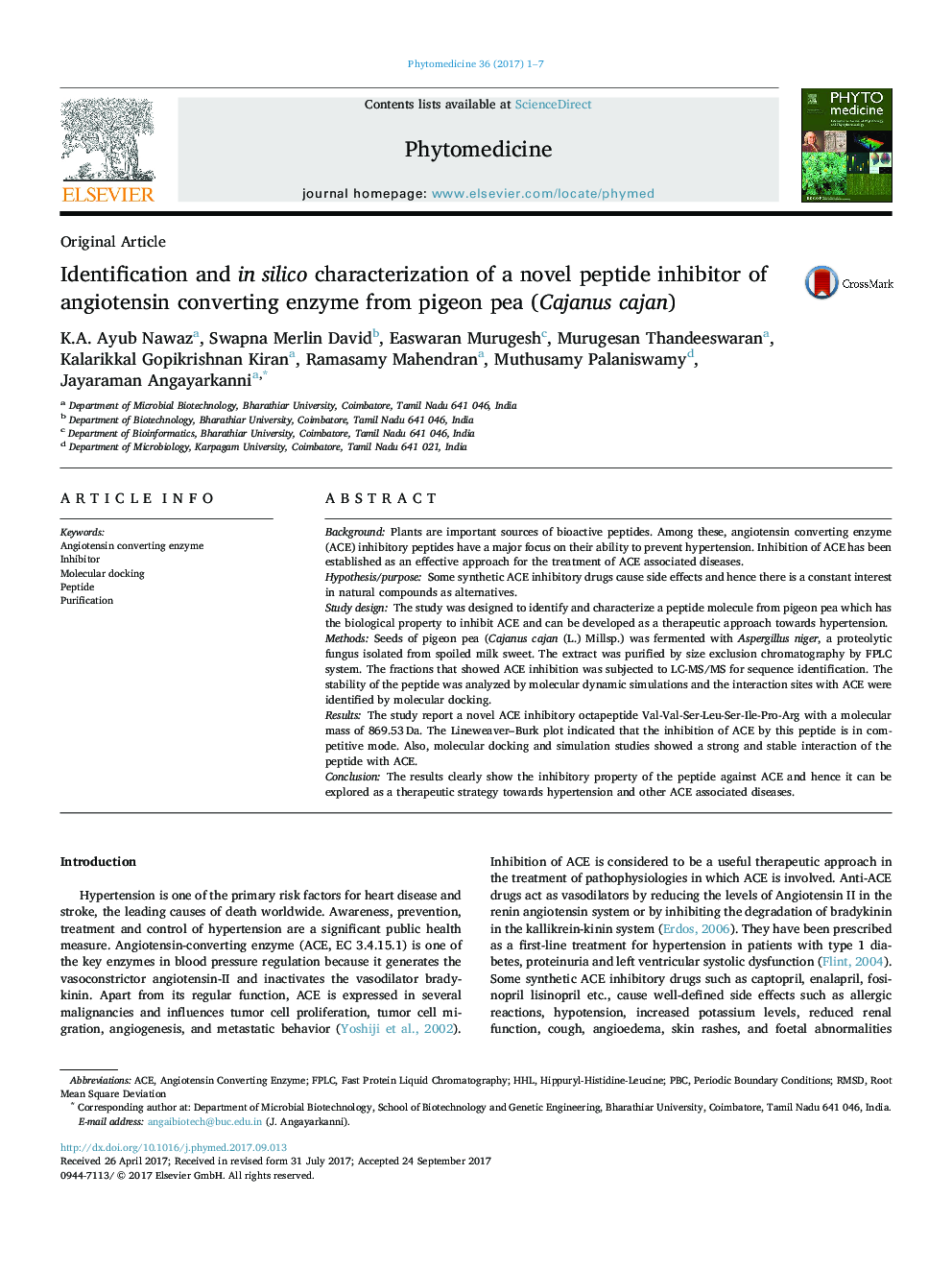 Identification and in silico characterization of a novel peptide inhibitor of angiotensin converting enzyme from pigeon pea (Cajanus cajan)