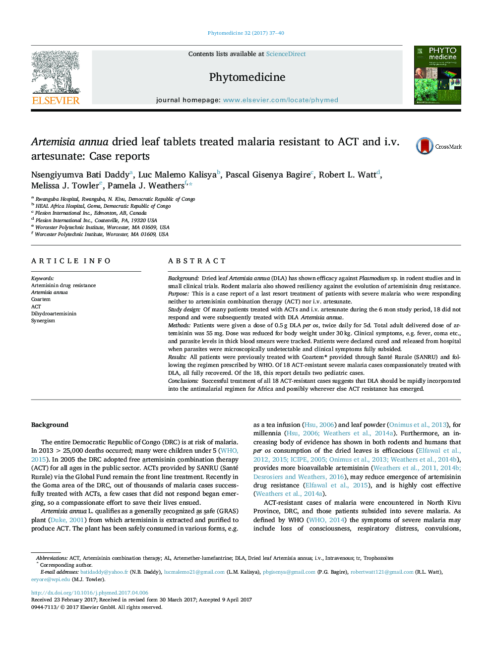 Artemisia annua dried leaf tablets treated malaria resistant to ACT and i.v. artesunate: Case reports