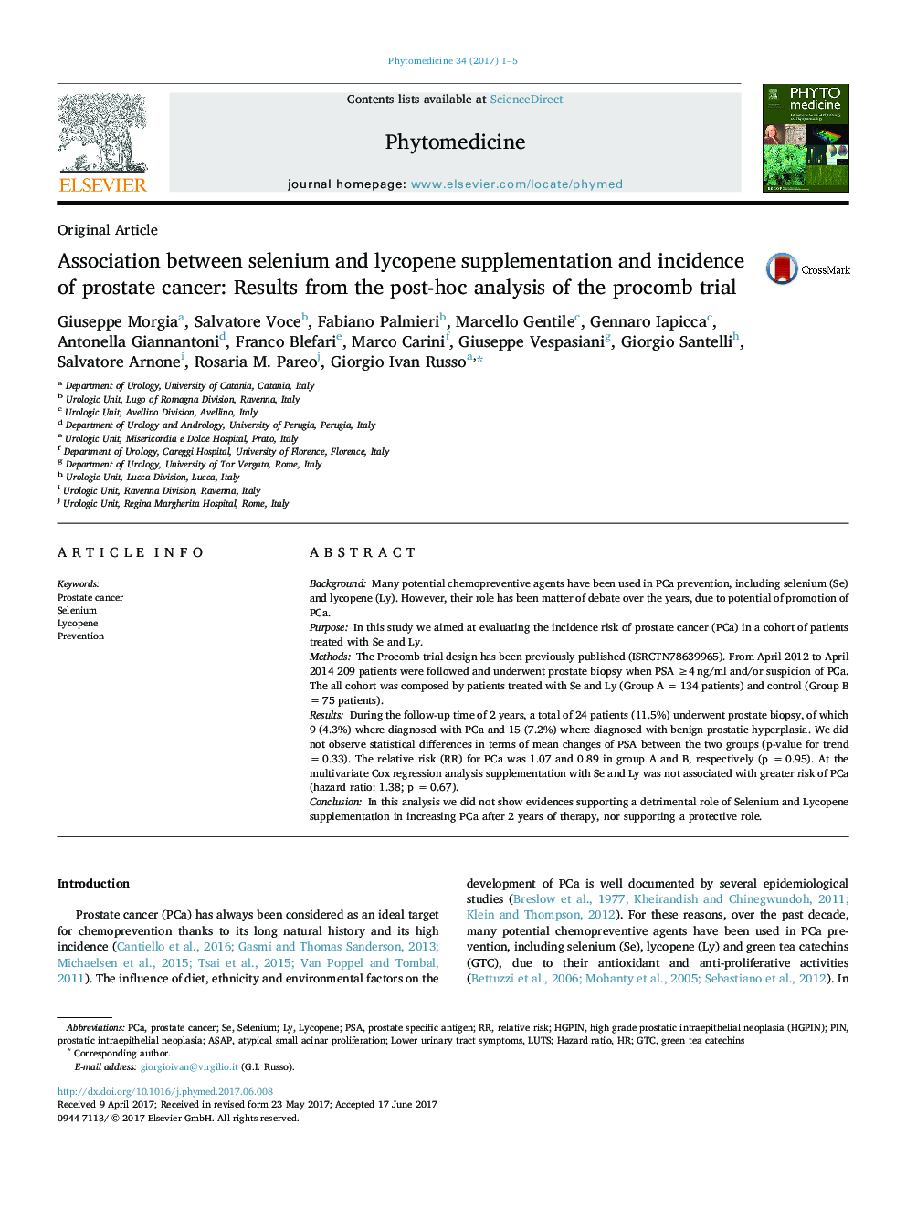 ارتباط بین مکمل سلنیوم و لیکوپن و بروز سرطان پروستات: نتایج حاصل از آنالیز بعد از آزمایش پرونک 
