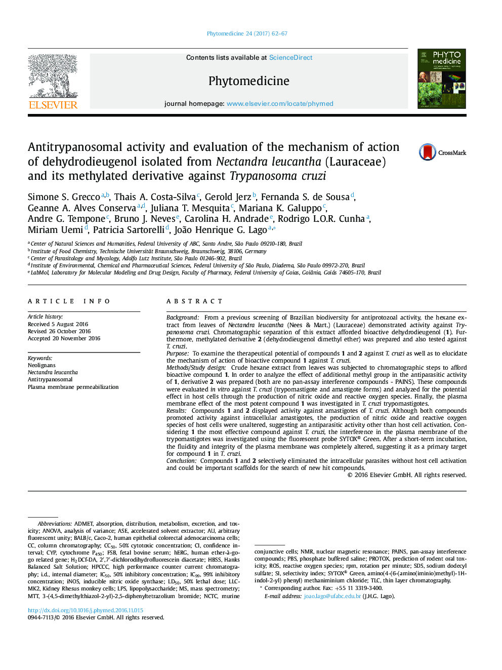 Antitrypanosomal activity and evaluation of the mechanism of action of dehydrodieugenol isolated from Nectandra leucantha (Lauraceae) and its methylated derivative against Trypanosoma cruzi