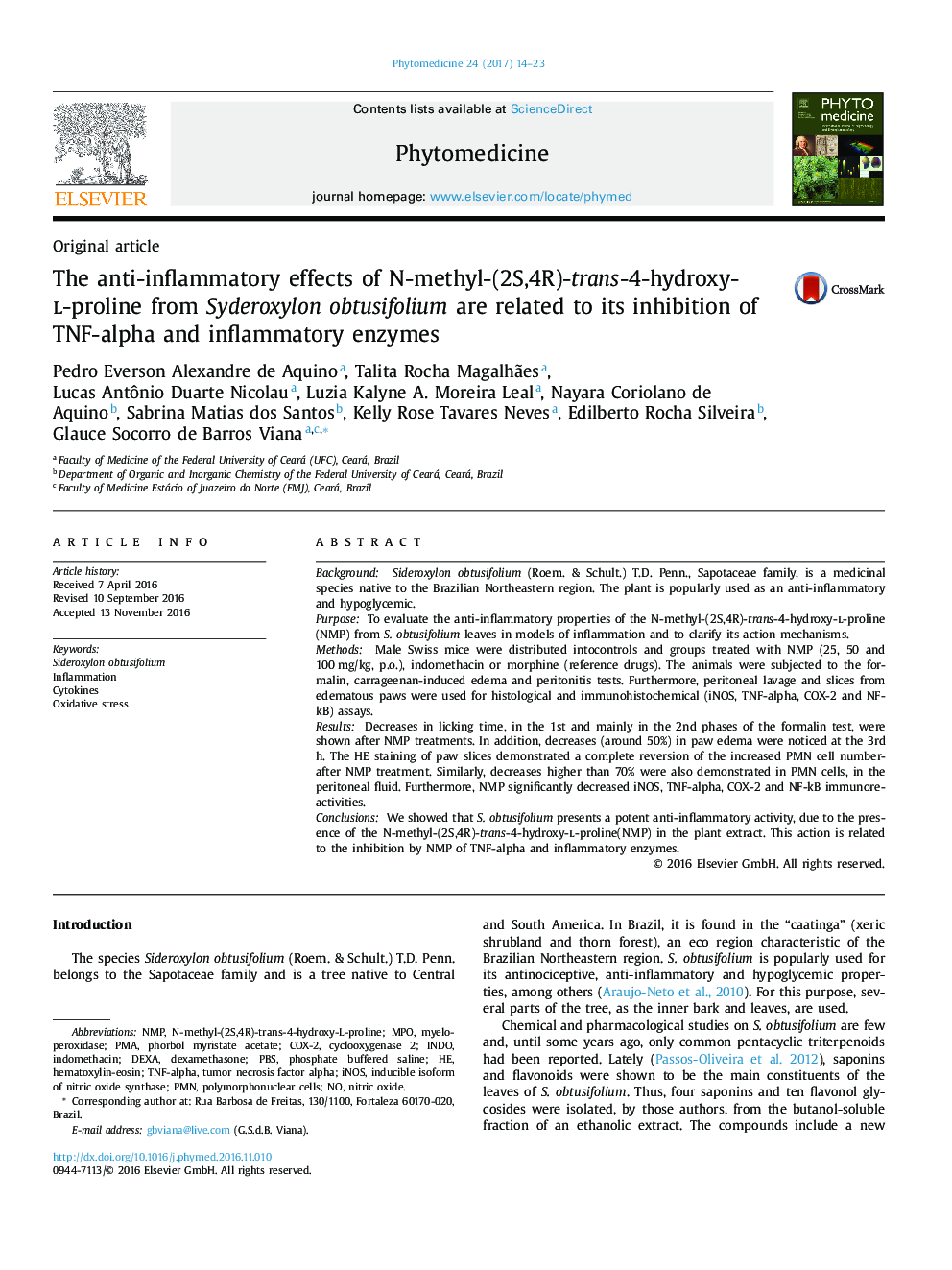 The anti-inflammatory effects of N-methyl-(2S,4R)-trans-4-hydroxy-l-proline from Syderoxylon obtusifolium are related to its inhibition of TNF-alpha and inflammatory enzymes