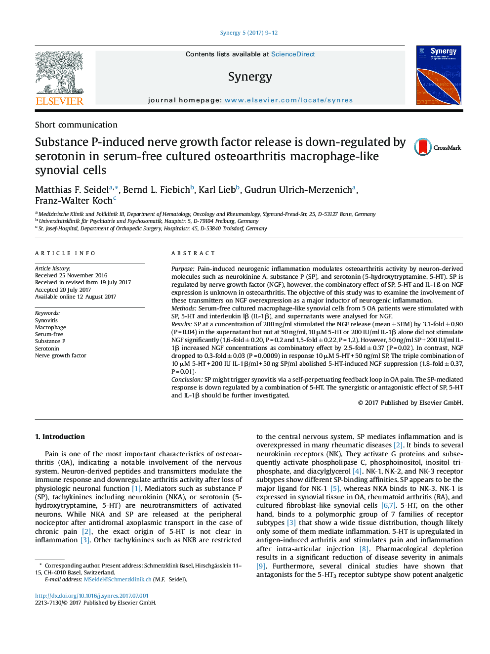 Substance P-induced nerve growth factor release is down-regulated by serotonin in serum-free cultured osteoarthritis macrophage-like synovial cells